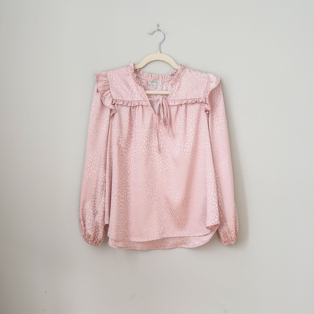 Chenault Pink Coquette Princess Animal Print Blouse Satin Ruffled Bow Size M